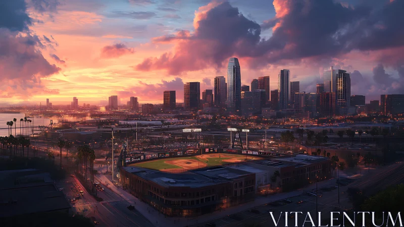 Urban baseball stadium beneath dense sunset city skyline.
