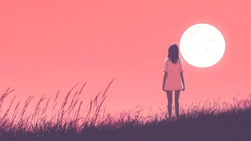 Backlit silhouette girl against overscaled lunar disc at dusk.