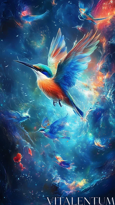 Iridescent kingfishers traverse luminous nebula-like vortex field