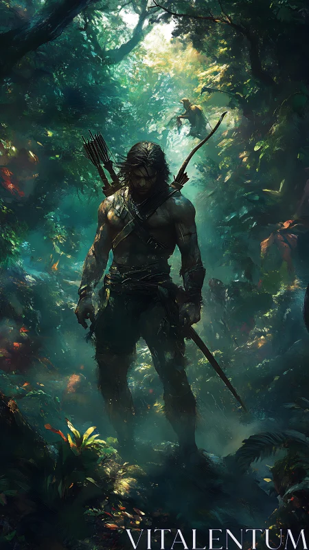 Stealth archer tracking prey in dense, mist lit jungle ravine