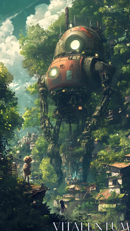 Forest children greet the wandering steampunk colossus robot