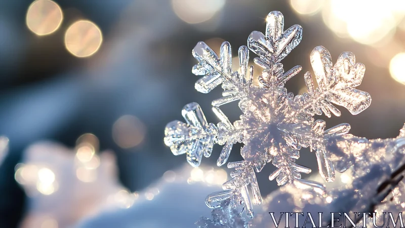 Dazzling close-up snowflake sparkles in soft winter light