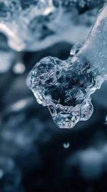 Glistening frozen droplet in dramatic blue macro study.