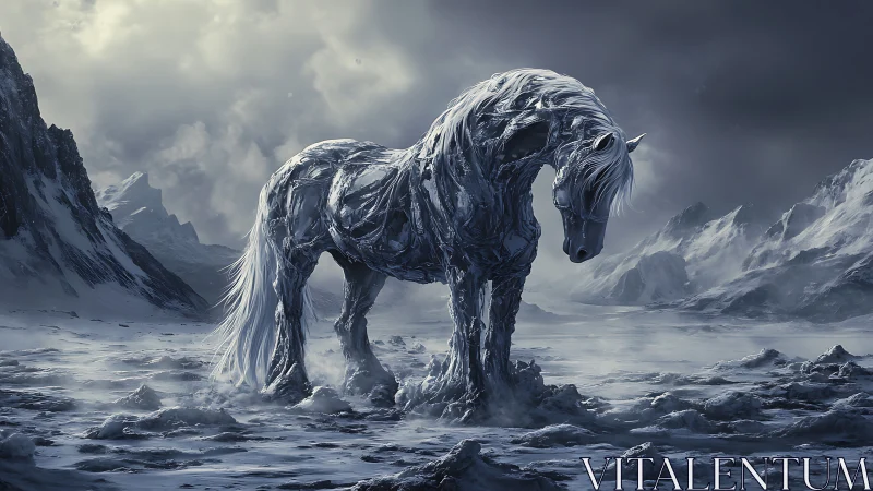 Ice covered horse stands alone in frozen mountain valley