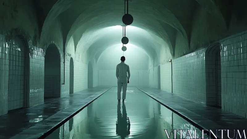 Solitary figure haunts a luminous tiled underground pool.