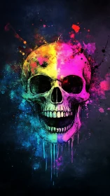 Neon splatter skull glows against deep cosmic darkness.