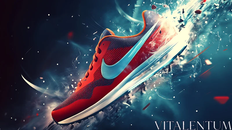 Red athletic sneaker rendered in dynamic motion burst