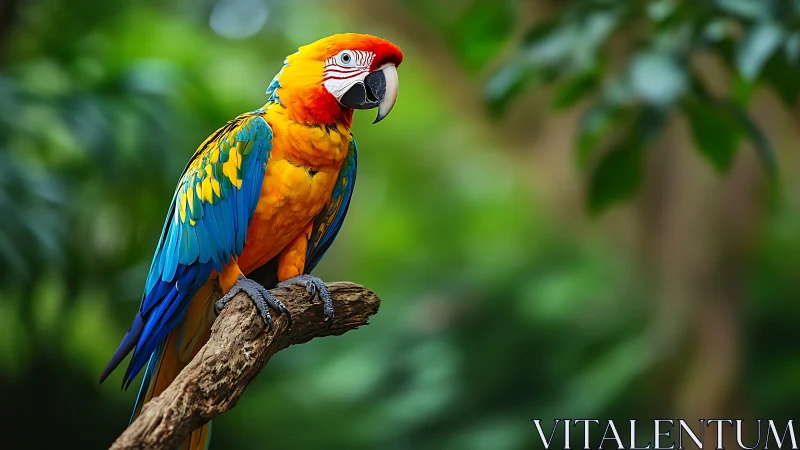 Vibrant Macaw Parrot on Branch in Lush Green Jungle Setting.