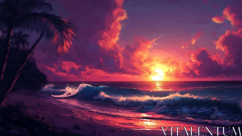 Tropical shoreline with waves under vivid sunset sky.