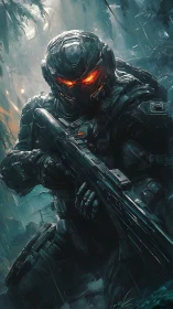 Armored sci fi guardian with glowing eyes in misty jungle.