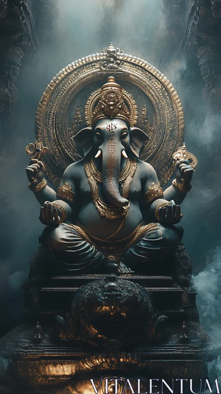 Ganesha statue rendered with ornate gold halo and pedestal