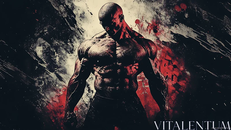 Muscular bald figure stands centered in high contrast splatter art