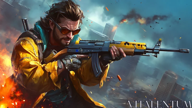 Dynamic urban shooter portrait in high-impact digital painting.