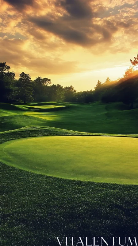 Sunset-illuminated golf green with sculpted fairway contours.