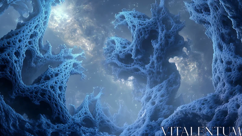 Fractal ice caverns framing luminous cosmic nebula sky.