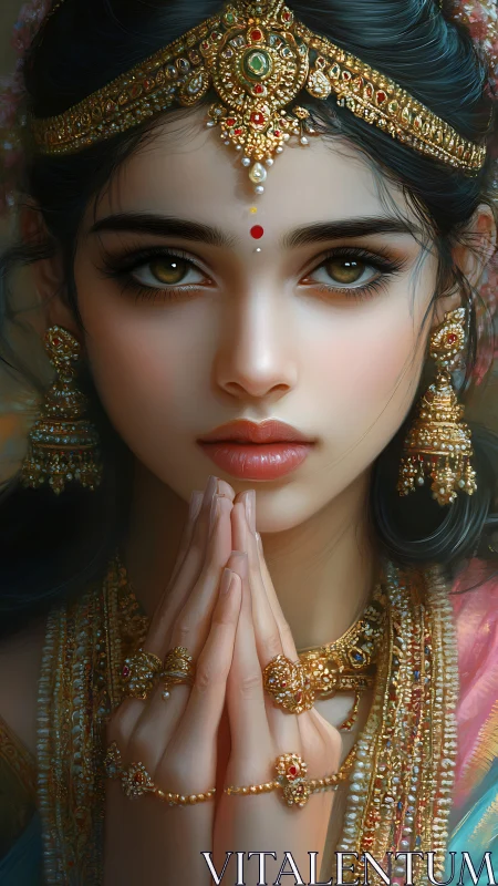Golden gaze of the jeweled devotee in quiet blessing.