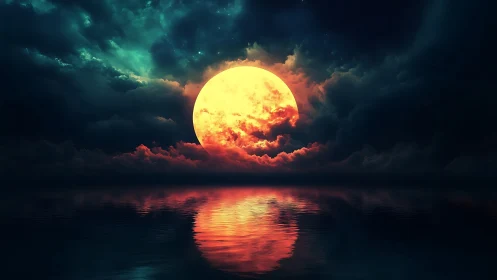 Molten moonrise ignites stormy night over mirrored waters.