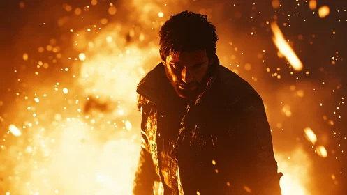 Lone male figure walking through heavy orange flames.