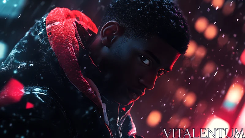 Neon city rain frames a watchful young man in profile.