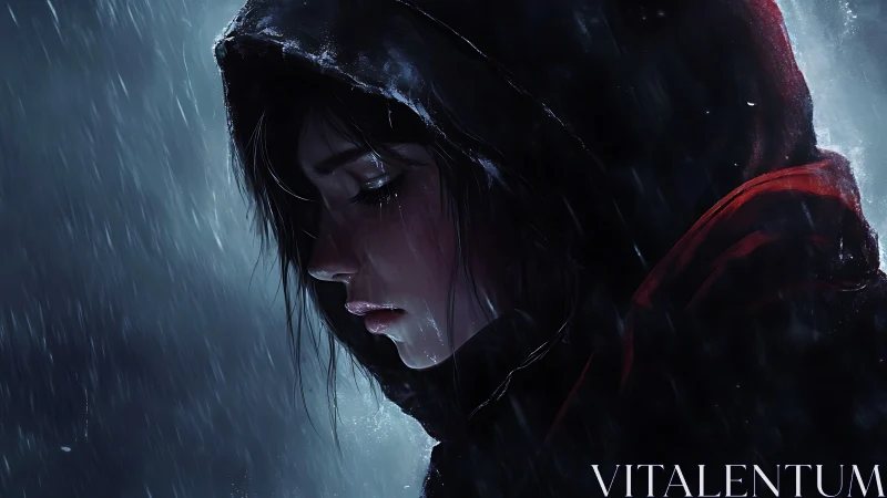 Hooded female profile in rain with dark muted background.