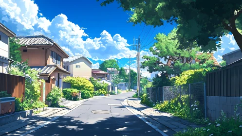 Summer suburban street under deep blue sky, lush foliage.