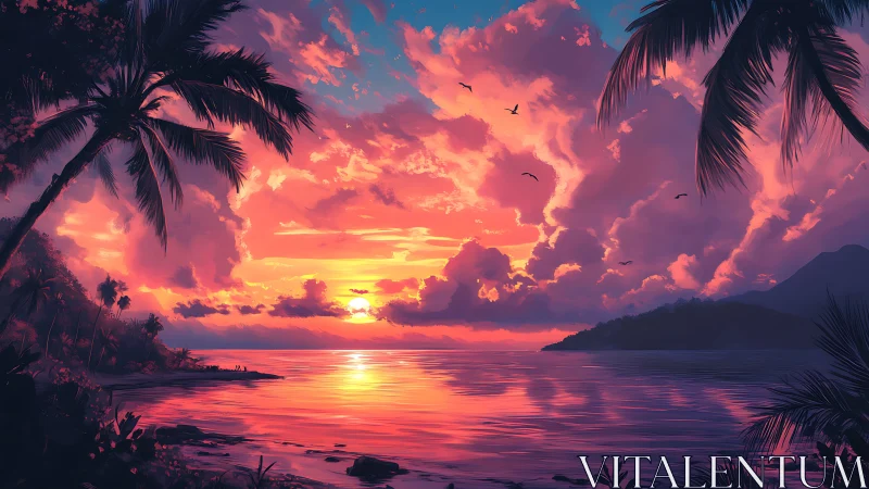 Tropical coastline shows vivid sunset sky over calm ocean