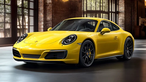 Yellow performance coupe poised in industrial loft light.