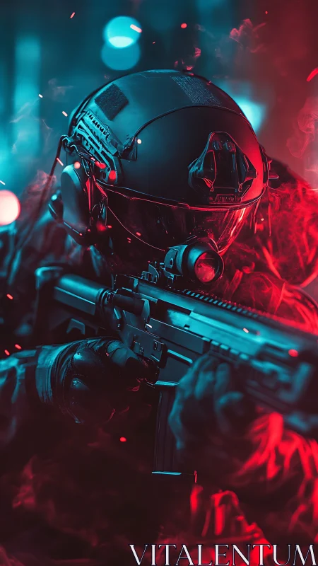 Tactical cyber soldier aims rifle through neon smoke.