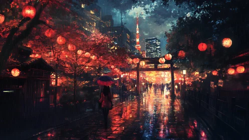 Rain-soaked Tokyo street glows under red lantern light.