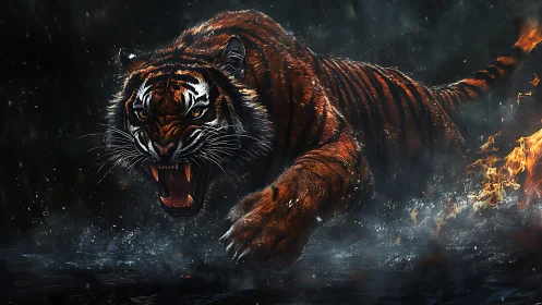 Dynamic low-angle tiger charge rendered with high-detail particle effects