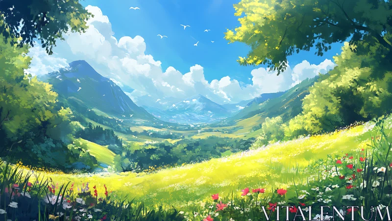 Sunlit mountain valley unfolds under a bright summer sky