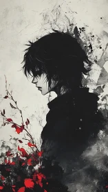 Side profile anime figure in black ink with red foliage