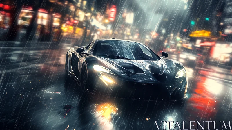 Midnight hypercar slicing through neon city rainstorm.