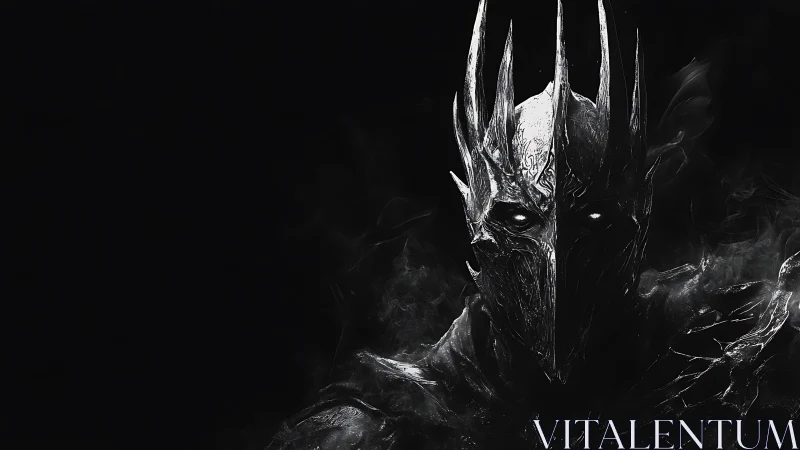 Dark armored warlord emerges from shadowy black void.