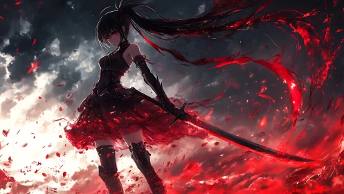 Dark anime swordswoman stands amid swirling crimson energy