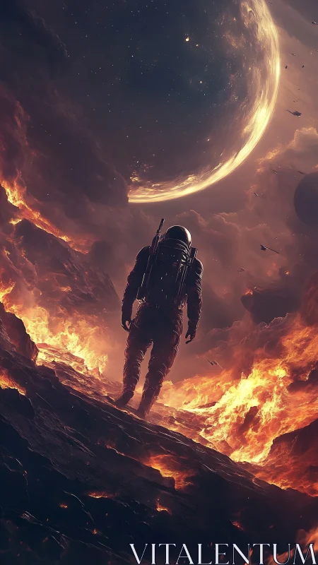Lone astronaut wandering a fiery alien world in awe.