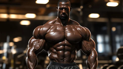 Focused bodybuilder radiating strength in a warm gym glow.