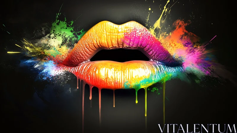 Chromatic lips erupting in liquid neon splatter.
