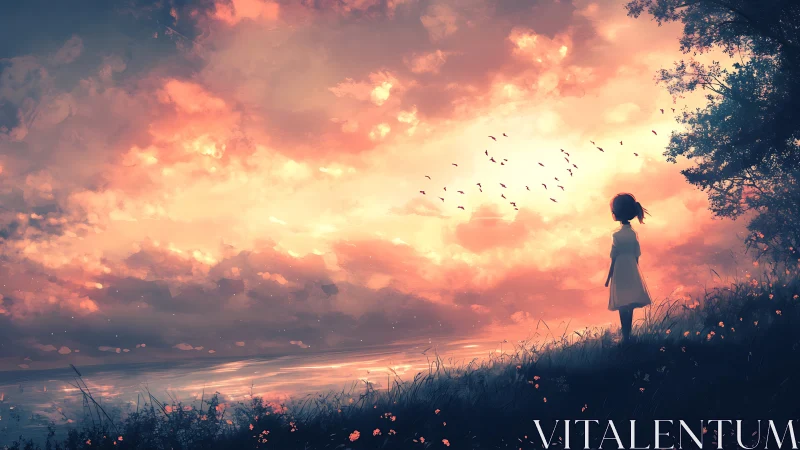 Silhouetted figure facing luminous clouded shoreline sky.