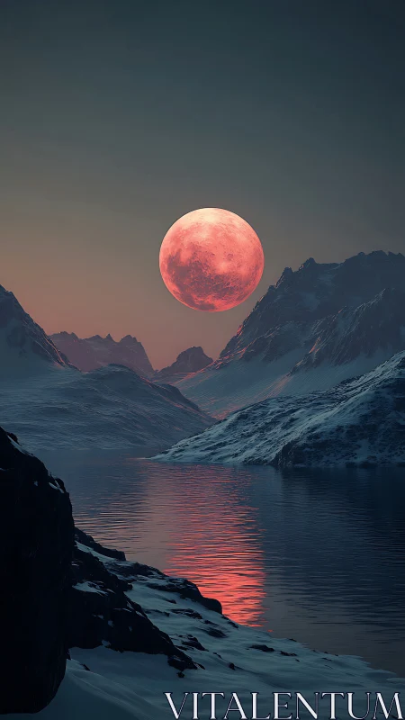 Crimson moon drifts low and stains a frozen fjord with fire