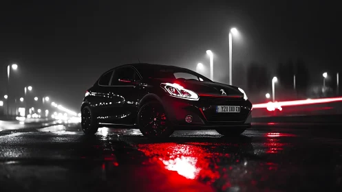 Black city hatchback cuts wet night with red reflections.