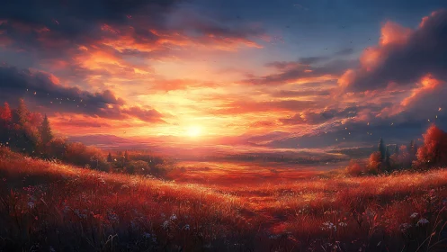 Sun sets over wide red meadow under dense glowing clouds