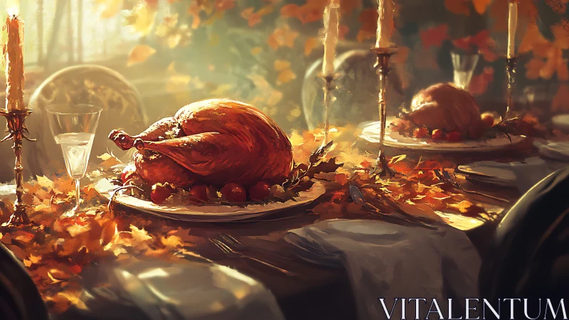 Roast turkey glows under candlelit autumn feast decor.