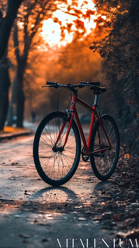 Red Fixed-Gear Bicycle Parked Along Golden-Hour Tree-Lined Path