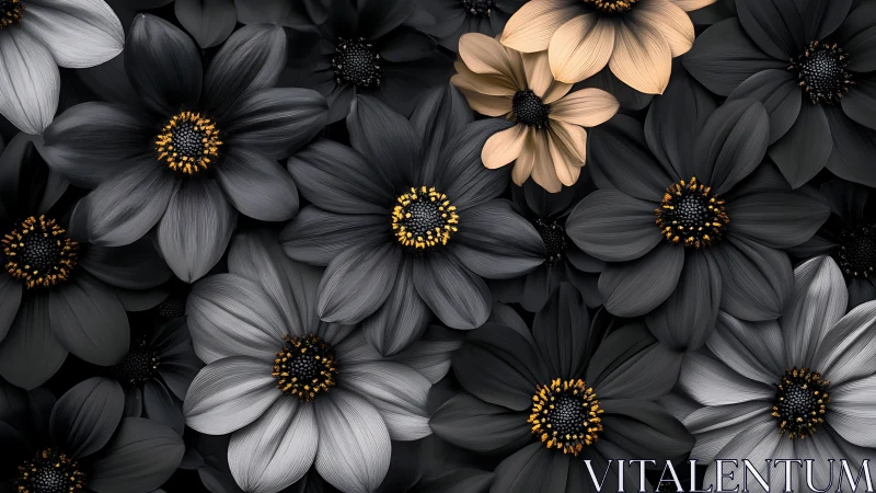Obsidian Petals Dance: Dark Florals Glow with Golden Hearts