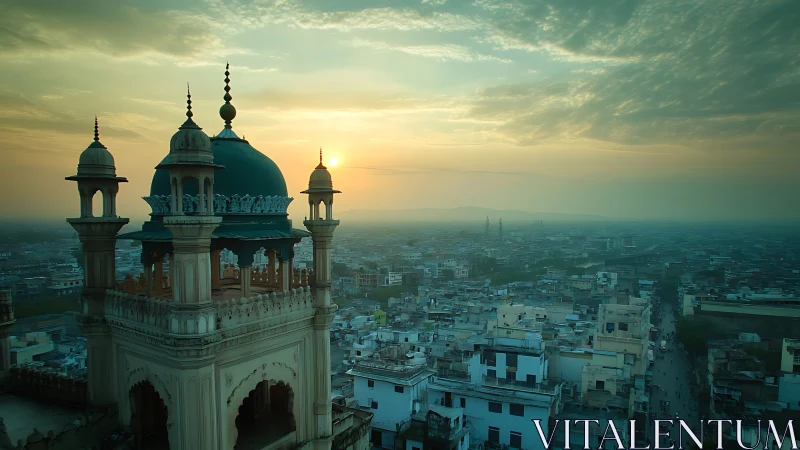 Sunset glow over a serene domed tower and quiet cityscape.