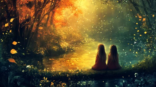 Twin figures observe a luminous autumn forest stream
