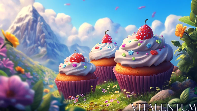 Enchanted Cupcakes in Alpine Meadow Landscape Scene