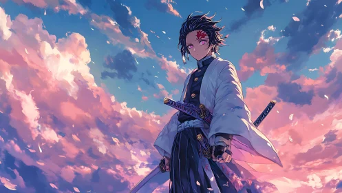 Calm anime swordsman standing beneath glowing sunset sky.