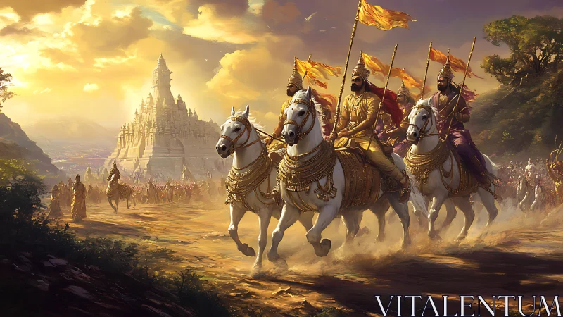Royal cavalry charge toward golden temple city at sunset.